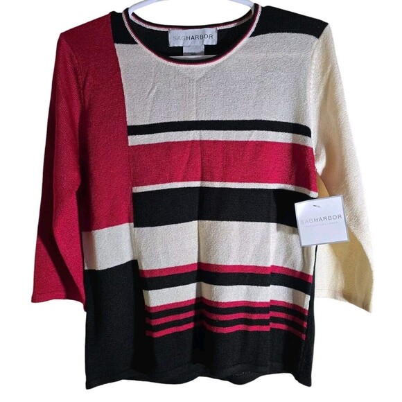 Sag Harbor Sweater Women's Size Small Red Black Cream Striped - Picture 1 of 8